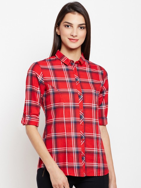 

Crimsoune Club Women Red Slim Fit Checked Casual Shirt