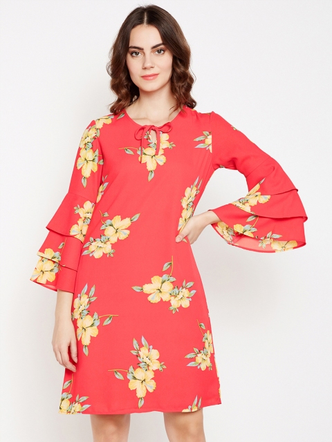 

Taanz Women Coral Red Floral Print A-Line Dress