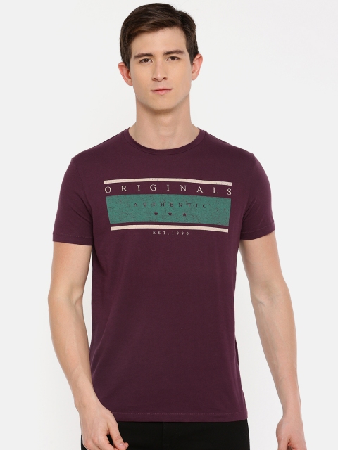 

Jack & Jones Men Burgundy & Green Printed Round Neck T-shirt