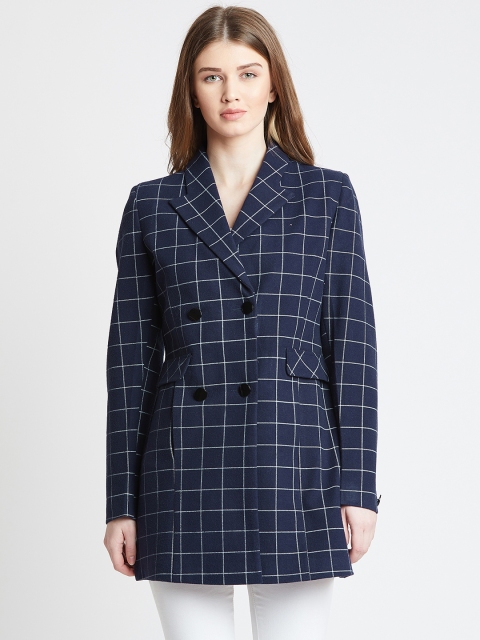 

Okane Women Navy-Blue Checked Double-Breasted Overcoat