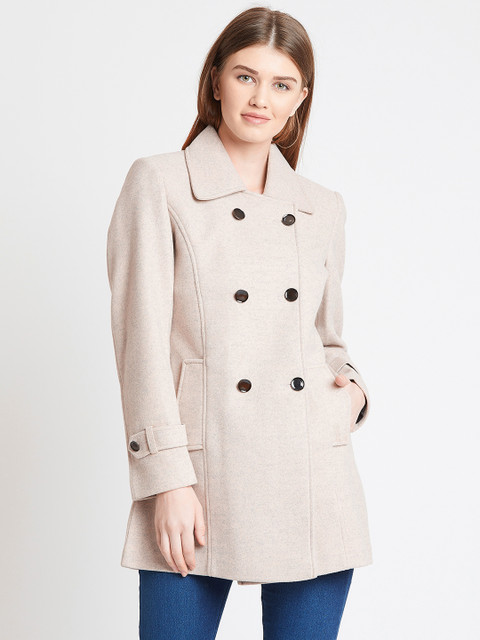 

Okane Women Off-White Solid Double-Breasted Overcoat