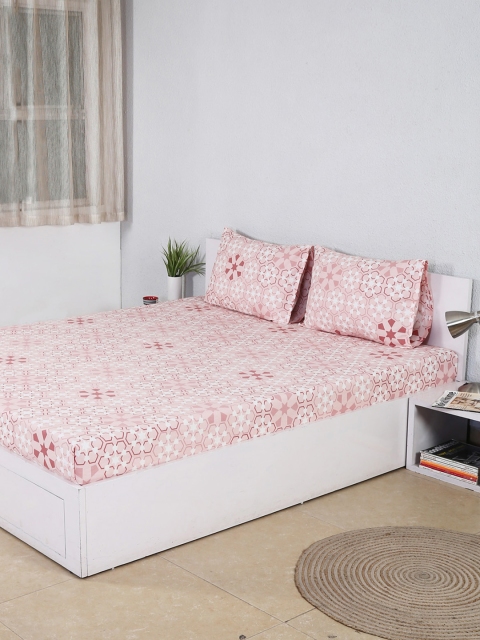 

House This Pink Floral Flat 180 TC Cotton 1 King Bedsheet with 2 Pillow Covers