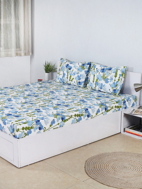 

House This Blue Floral Flat 180 TC Cotton 1 King Bedsheet with 2 Pillow Covers