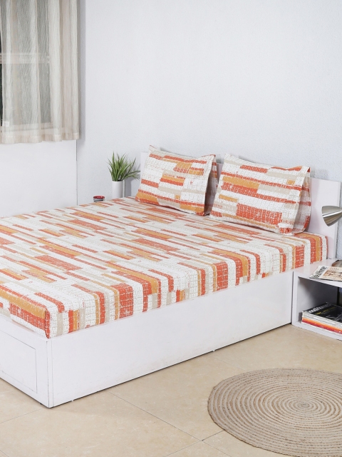 

House This Orange Floral Flat 180 TC Cotton 1 King Bedsheet with 2 Pillow Covers
