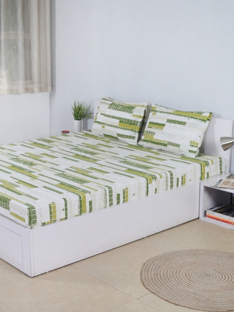 

House This Green & White Abstract Flat 180 TC Cotton 1 Queen Bedsheet with 2 Pillow Covers