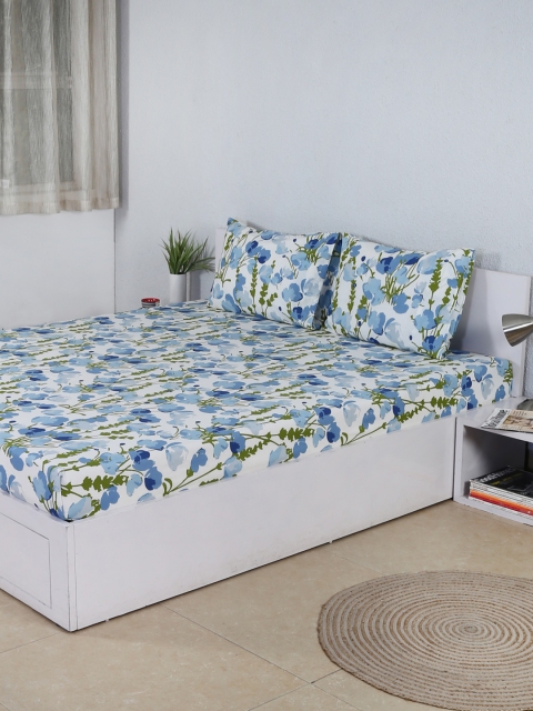 

House This Blue Floral Flat 180 TC Cotton 1 Queen Bedsheet with 2 Pillow Covers