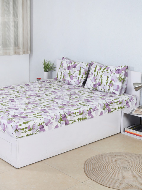 

House This Purple Floral Flat 180 TC Cotton 1 King Bedsheet with 2 Pillow Covers