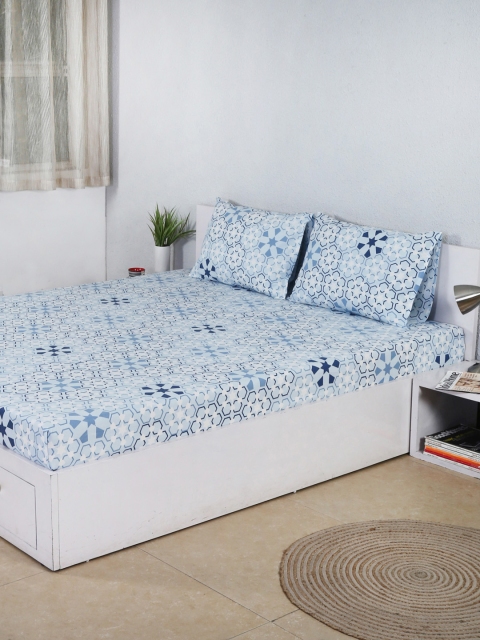 

House This Blue Floral Flat 180 TC Cotton 1 King Bedsheet with 2 Pillow Covers