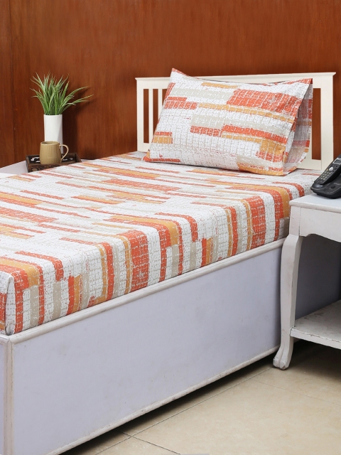 

House This Orange Floral Flat 180 TC Cotton 1 Single Bedsheet with 1 Pillow Covers