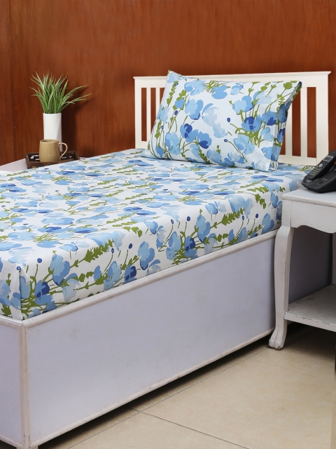 

House This Blue Floral Flat 180 TC Cotton 1 Single Bedsheet with 2 Pillow Covers
