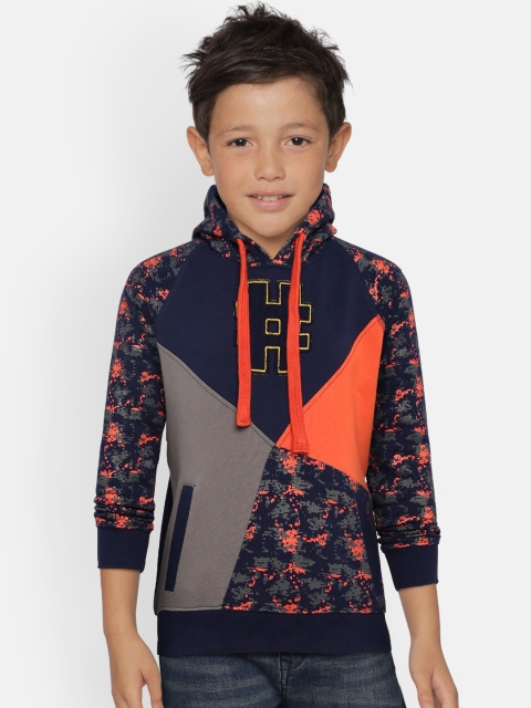 

Indian Terrain Boys Navy Blue & Grey Printed Hooded Sweatshirt