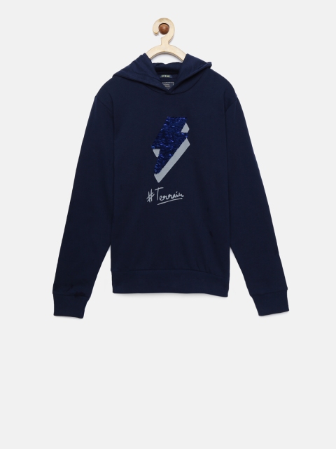 

Indian Terrain Boys Navy Blue Printed Hooded Sweatshirt