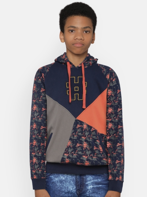 

Indian Terrain Boys Navy Blue Printed Hooded Sweatshirt