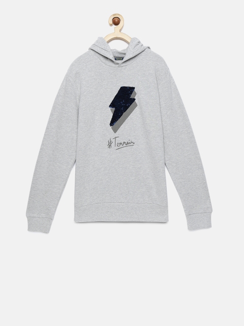 

Indian Terrain Boys Grey Printed Hooded Sweatshirt