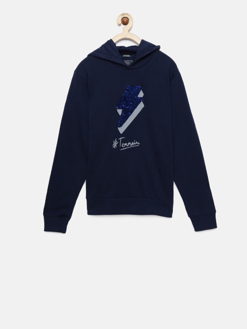 

Indian Terrain Boys Navy Blue Printed Hooded Sweatshirt