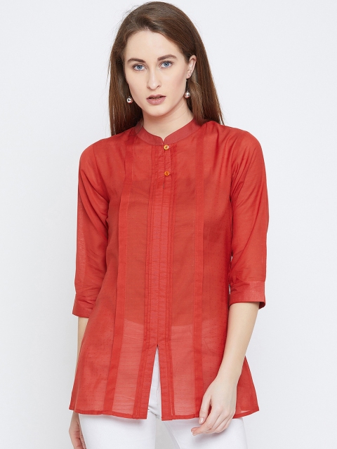 

Ruhaans Women Red Solid Shirt Style Pure Cotton Top