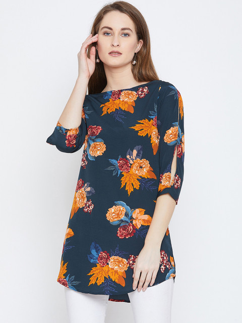 

Ruhaans Women Navy Blue & Orange Printed Tunic