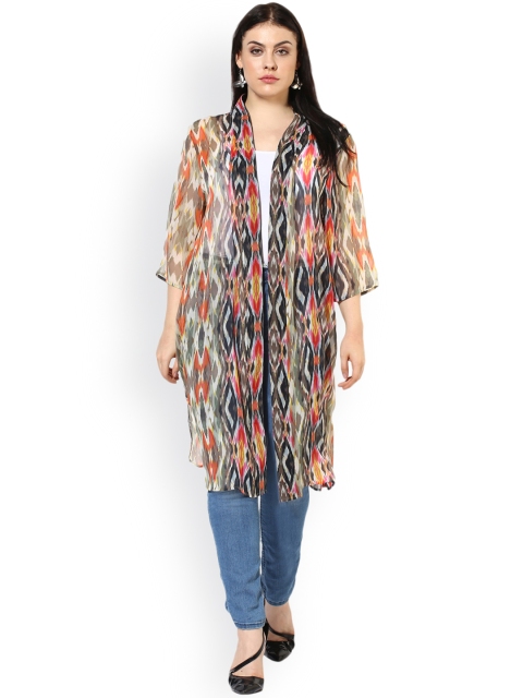 

Qurvii Plus Size Multicoloured Printed Open Front Longline Shrug, Multi