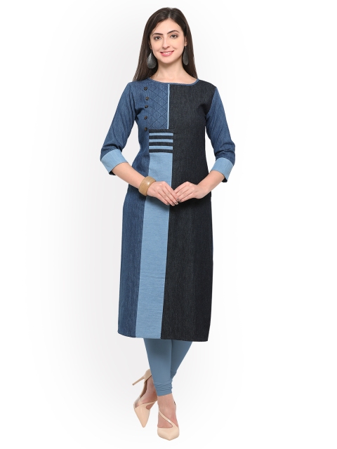 

Florence Women Black & Blue Colourblocked Straight Kurta