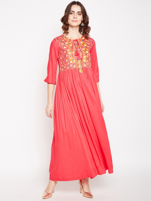 

Be Indi Women Coral Solid Fit and Flare Embroidered Dress