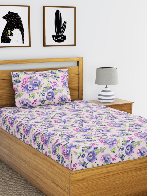 

BIANCA Purple & Blue Floral Flat 110 TC Cotton Single Bedsheet with 1 Pillow Cover