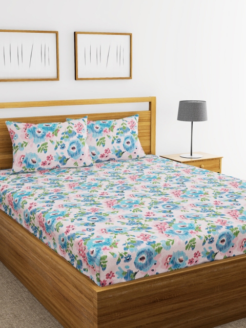 

BIANCA Blue Floral Flat 110 TC Cotton 1 Queen Bedsheet with 2 Pillow Covers