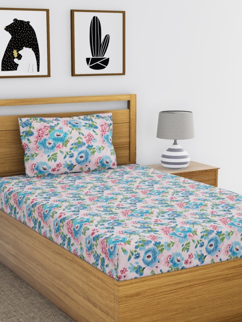 

BIANCA Blue & Pink Floral Flat 110 TC Cotton Single Bedsheet with 1 Pillow Cover