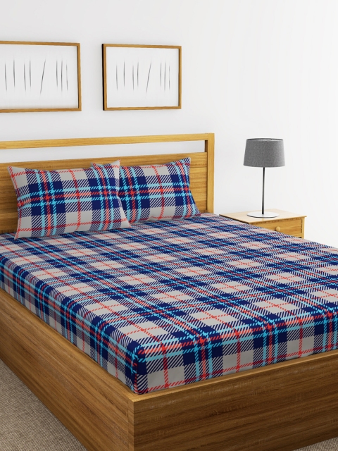 

BIANCA Navy Blue & Cream-Coloured Flat 110 TC Cotton 1 Queen Bedsheet with 2 Pillow Covers