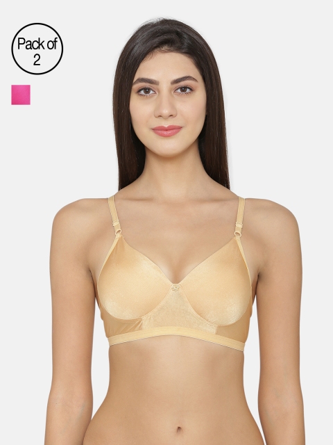 

ABELINO Pack of 2 Non-Wired Lightly Padded T-shirt Bras SATINPLAINOFFWHITEPINK, Pink