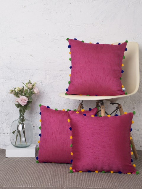 

RANGDESI Magenta Pack Of 3 Solid Square Silk Cushion Covers