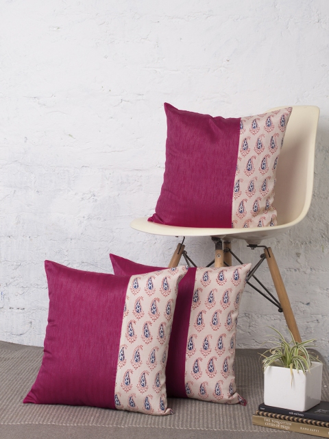 

RANGDESI Magenta Set of 3 Ethnic Motifs Square Cushion Covers