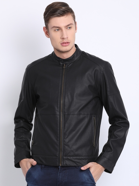 

t-base Men Black Solid Windcheater Leather Jacket