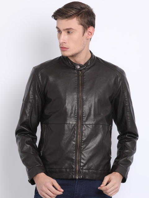 

t-base Men Brown Solid Windcheater Leather Jacket