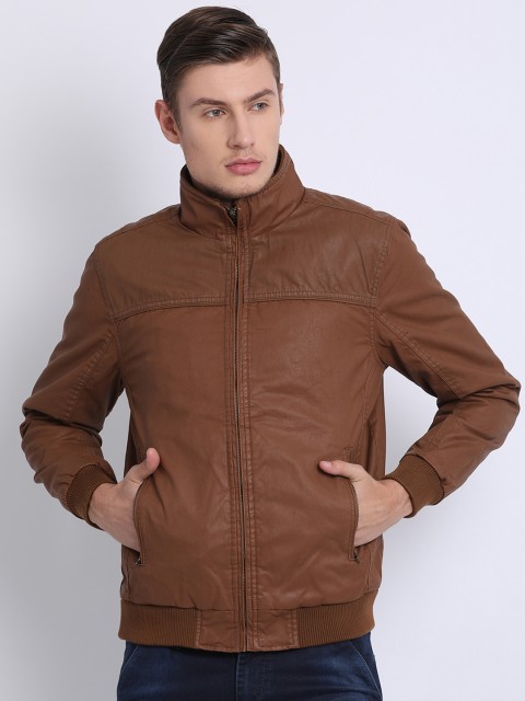 

t-base Men Tan Solid Windcheater Leather Jacket