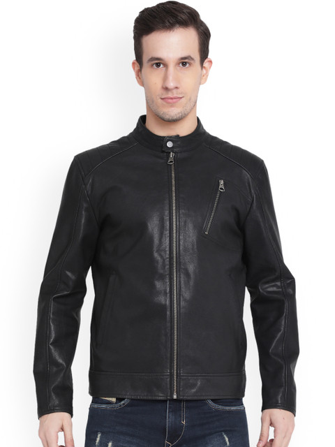

Justanned Men Black Solid Leather Jacket