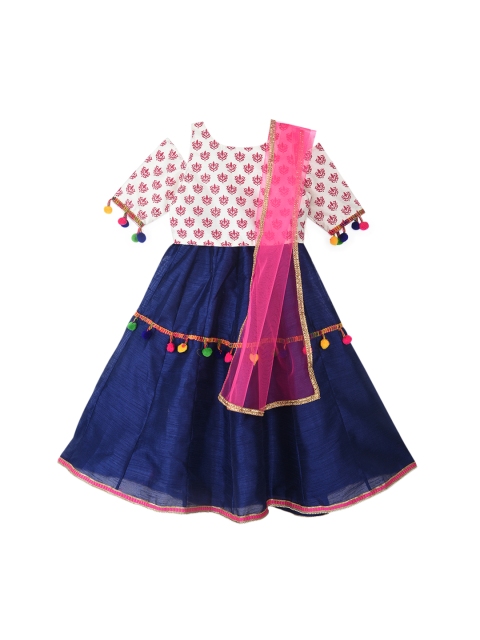 

K&U Girls Off-White & Navy Blue Solid Ready to Wear Lehenga & Blouse with Dupatta