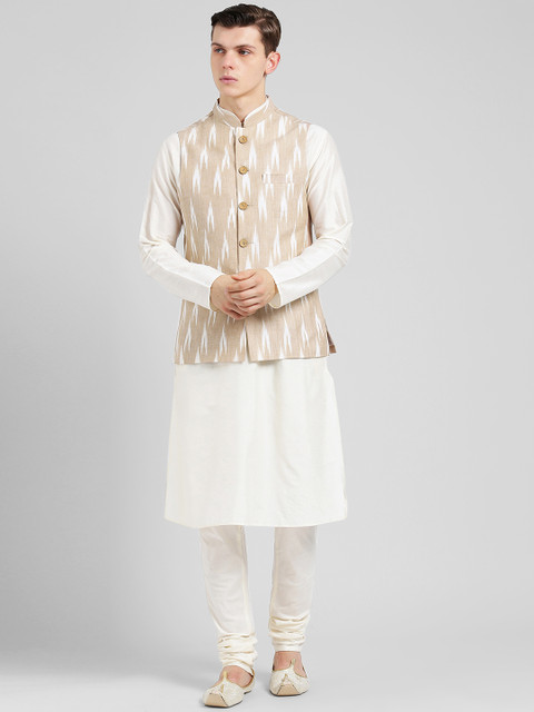

KISAH Men Cream-Coloured Self Design Kurta with Churidar & Nehru Jacket