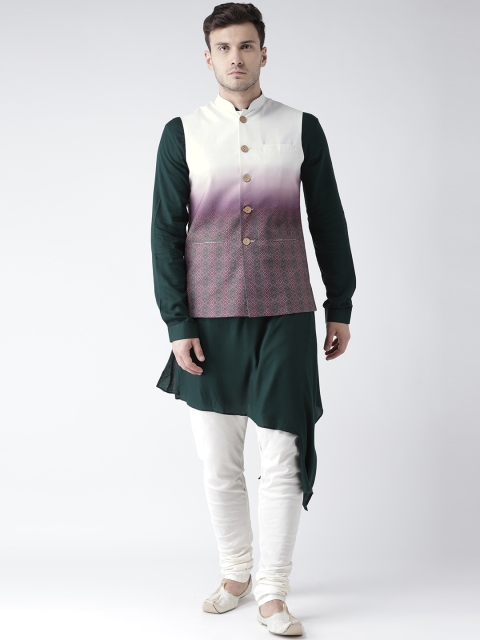 

KISAH Men Green & Cream-Coloured Printed Kurta with Churidar & Nehru Jacket