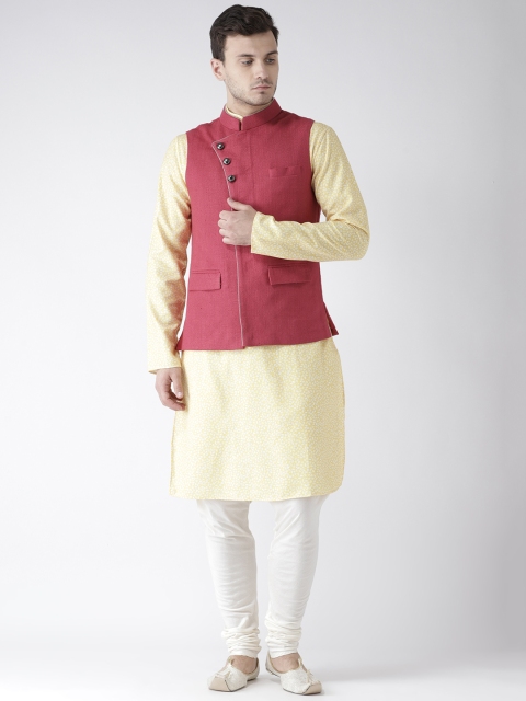 

KISAH Men Yellow & Pink Solid Kurta with Churidar & Nehru Jacket