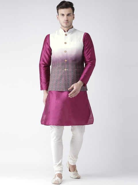 

KISAH Men Magenta & Cream-Coloured Printed Kurta with Churidar & Nehru Jacket