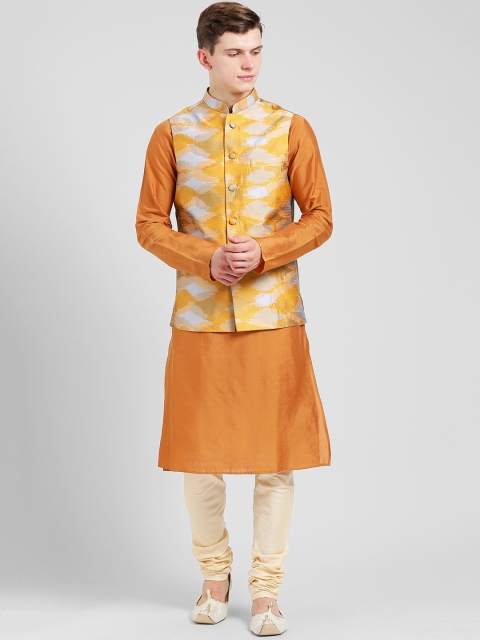 

KISAH Men Orange & Cream-Coloured Self Design Kurta with Churidar & Nehru Jacket