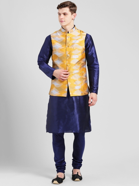 

KISAH Men Navy Blue & Yellow Self Design Kurta with Churidar & Nehru Jacket