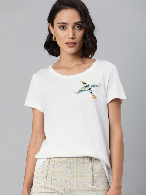

Vero Moda Women White Solid Round Neck T-shirt with Embellishments