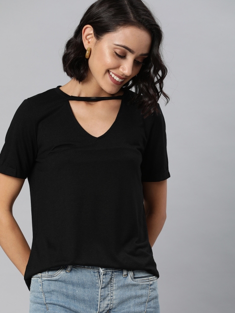

Vero Moda Women Black Solid Choker Neck T-shirt