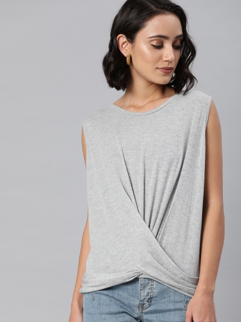 

Vero Moda Women Grey Melange Solid Round Neck T-shirt with Twisted Detailing