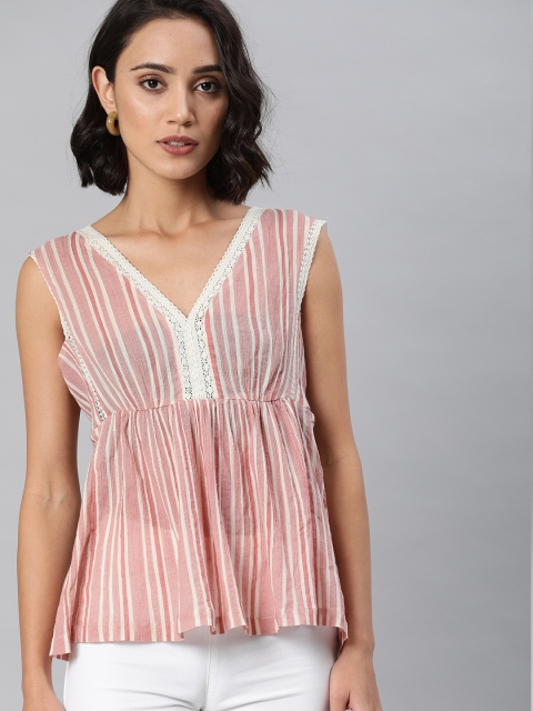 

Vero Moda Women Pink & Off White Striped Semi Sheer Empire Pure Cotton Top with Lace Detailing