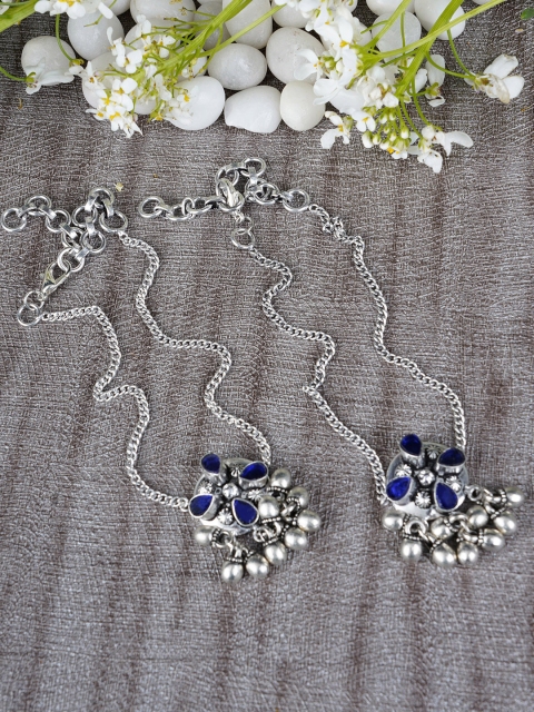 

FIROZA Set of 2 Oxidised Silver-Toned & Purple Stone-Studded Anklets