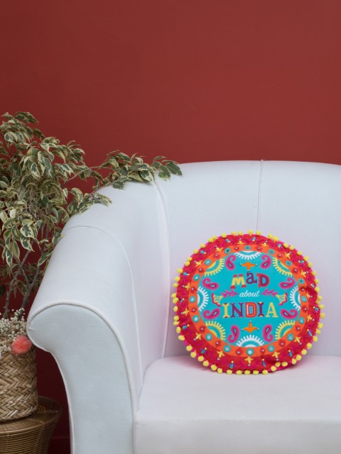 

Chumbak Multicoloured Set of Single Self Design Round Cushion Covers, Multi