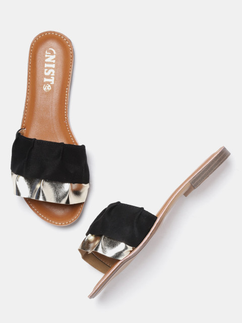 

GNIST Women Gold-Toned & Black Colourblocked Open Toe Flats