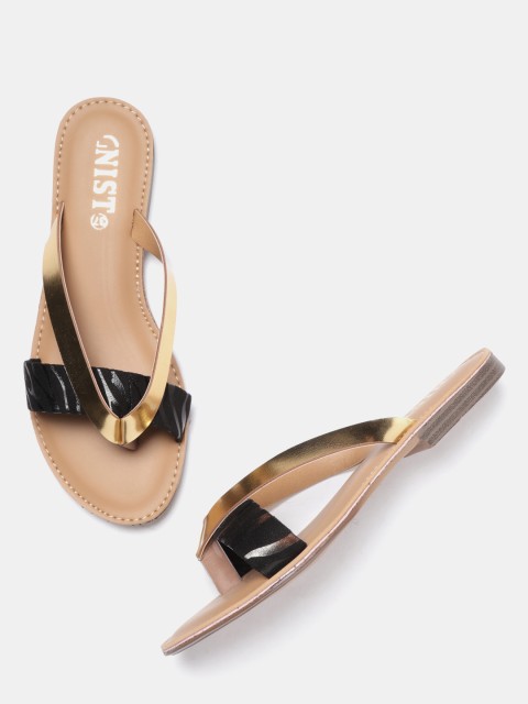

GNIST Women Gold-Toned & Black Colourblocked Open Toe Flats